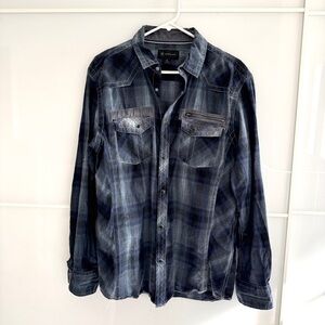 INC International Concepts men's blue and black plaid long sleeve cotton button